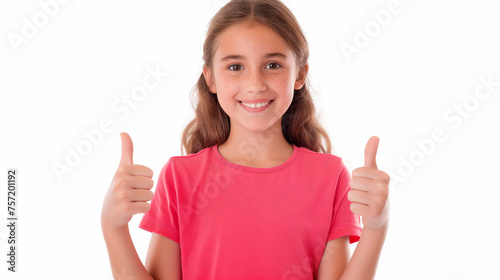 Portrait of a teenage girl showing the Like sign on a white background