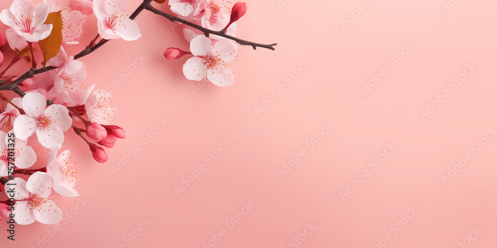 Beautiful sakura cherry flowers isolated on pink background, delicate springtime design, copy space