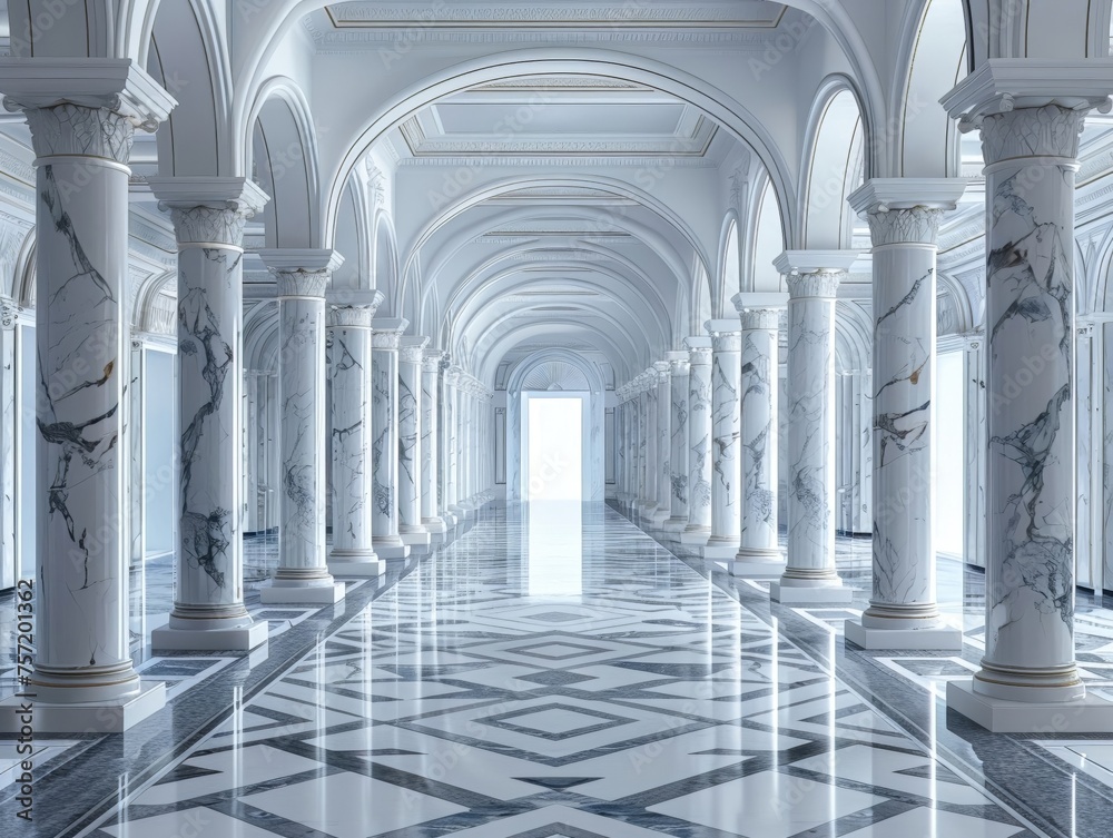 Sleek marble pillars in a grand ballroom setting with intricate geometric patterns on the floor 3D render