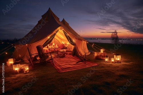 a tent with candles set up on a grassy field at sunset