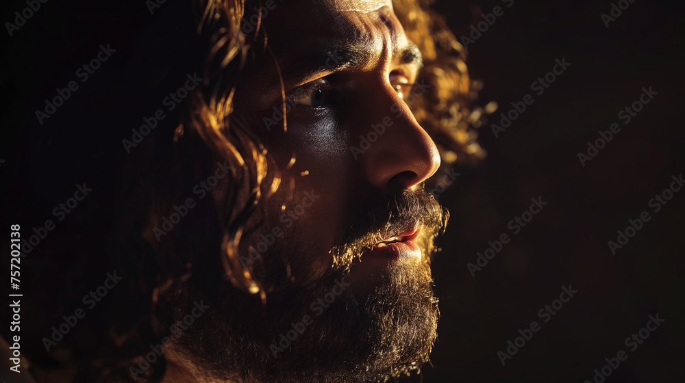 A close-up on the face of the resurrected Jesus, half in shadow and half illuminated, capturing the mystery and majesty of the moment, with copy space A close-up on the face of the resurrected Jesus, half in shadow and half illuminated, capturing the mystery and majesty of the moment, with copy space