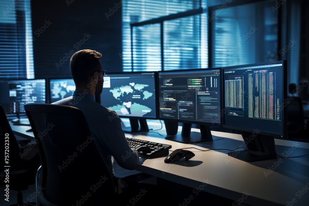 Man Working at Three Computer Monitors