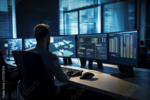 Man Working at Three Computer Monitors