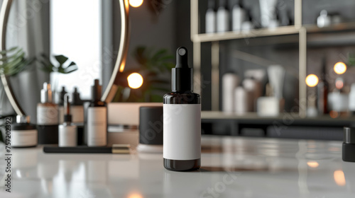 A minimalist designed dropper bottle placed neatly on a reflective surface  emphasizing clean beauty and skincare