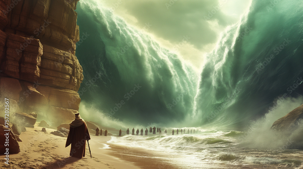 Moses parting the Red Sea, with the Israelites crossing on dry ground ...