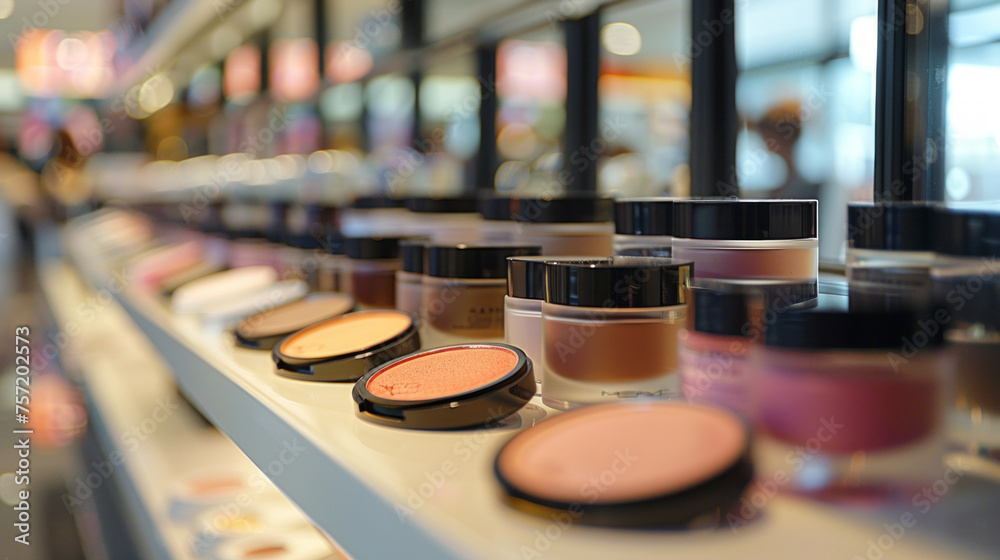 A vibrant display of various makeup products on shelves in a retail store, focusing on the beauty and cosmetics industry