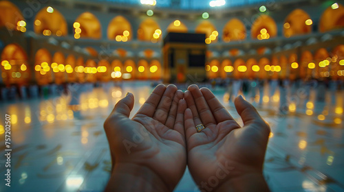 man hands praying in front of muslims holy kaaba  , Jeddah, Saudi Arabia , Muslim Pilgrims at The Kaaba in The Haram Mosque of Mecca , Time for greeting people who celebrate Hajj  photo