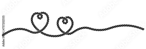 silhouette Two hearts rope continuous line art.double heart couple icon isolated on white background