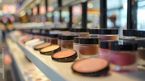 Obraz na płótnie A vibrant display of various makeup products on shelves in a retail store, focusing on the beauty and cosmetics industry w salonie
