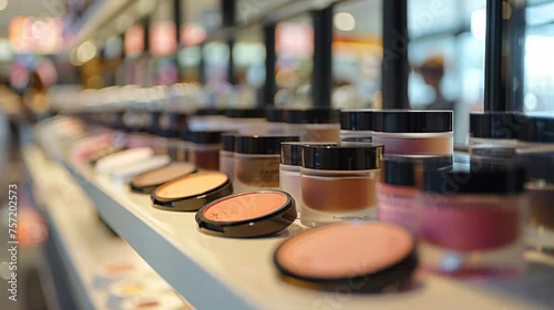 Obraz A vibrant display of various makeup products on shelves in a retail store, focusing on the beauty and cosmetics industry
