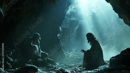 The temptation of Jesus in the wilderness, portrayed with stark contrasts between light and shadow, symbolizing the battle against temptation, with copy space