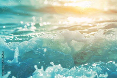 Beautiful background image with natural flowing transparent sea turquoise water of surf, with white foam backlit by rays of sun. © Straxer