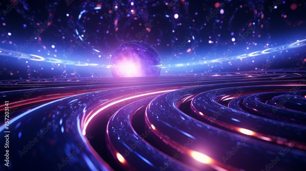 Fototapeta premium Two interlacing gravitational fields floating in space, featuring a futuristic, luminous, electrical, mechanical