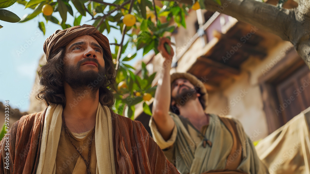 Jesus and Zacchaeus, showing Jesus looking up to Zacchaeus in the ...