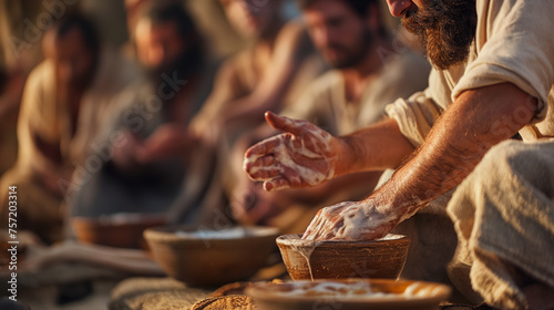 Jesus washing the disciples' feet at the Last Supper, showcasing humility and service, with a focus on the tender act of washing and drying, set against a backdrop of the shared me