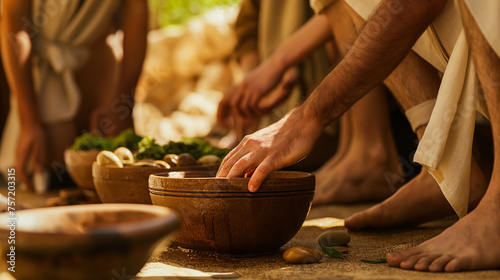 Jesus washing the disciples' feet at the Last Supper, showcasing humility and service, with a focus on the tender act of washing and drying, set against a backdrop of the shared me photo