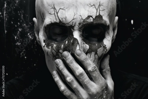 a black and white poster with a skull print and a white hand