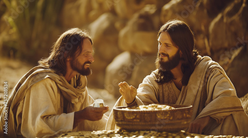The moment of Jesus and the rich young ruler, depicted with Jesus inviting the man to follow Him, set against a backdrop of worldly wealth contrasted with spiritual treasure, with