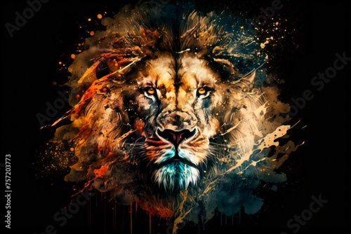 An artistic, color, realistic portrait of a lion's head with abstract strokes on a black background. This is a illustration ideal for a baner or T-shirt graphic. Generative AI