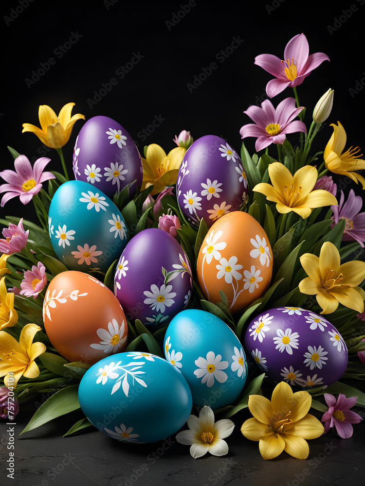 Fototapeta premium Colorful easter eggs with spring flowers on dark background. Happy Easter banner.