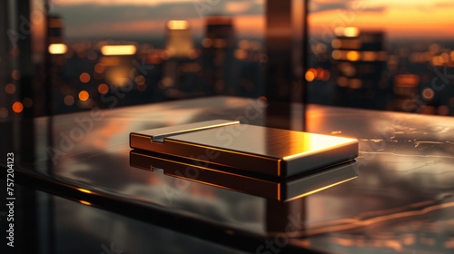 A stunning representation of a golden book against an urban skyline during golden hour, exuding richness and success photo