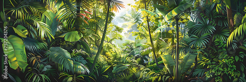 a lush tropical forest scene  with dense foliage framing an open space  inviting viewers to immerse themselves in the wonders of nature