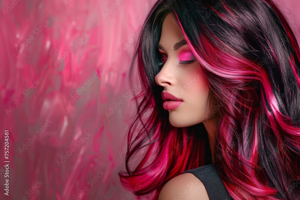 Beautiful hairstyle of woman after dyeing hair and making highlights. Minimalist background, color.