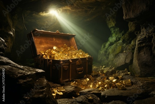 a gold chest in a dark cave with gold coins