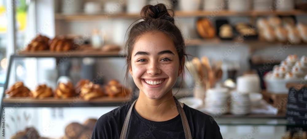 Woman Standing at Bakery Counter Woman Standing at Bakery Counter