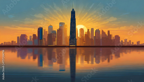 Illustration of reflection in water of city skyscrapers at sunset