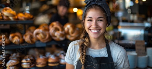 Woman Standing in Front of Display of Donuts
