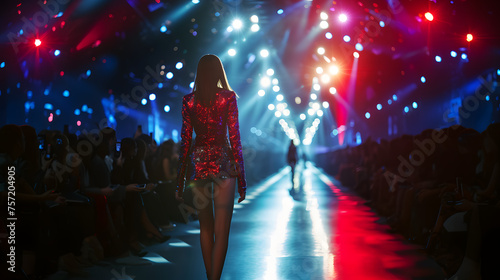 Fashion model strutting on a runway with dramatic lighting at a high-profile fashion event. Glamour and entertainment concept. Design for fashion news, event coverage photo
