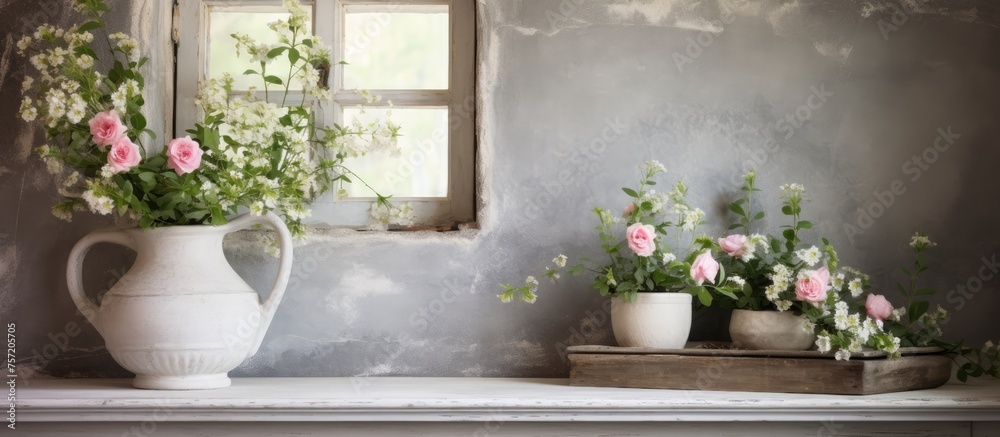 A beautiful flowerpot with vibrant flowers sits on a wooden table in front of a window, adding a touch of nature to the houses interior design A beautiful flowerpot with vibrant flowers sits on a wooden table in front of a window, adding a touch of nature to the houses interior design