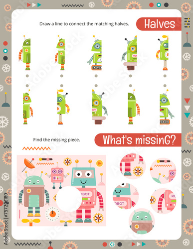 Cute Robot Activity Page for Kids. Printable Activity worksheet with Robots Activities – find missing piece, matching halves. Vector illustration.