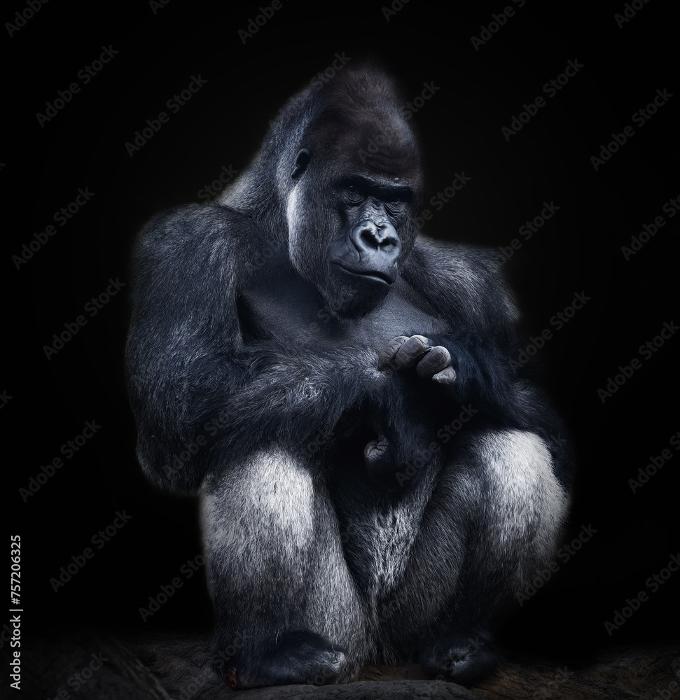 Gran gorila posando sentado rascándose la mano, sobre fondo negro, fotografía fine art - obrazy, fototapety, plakaty 
