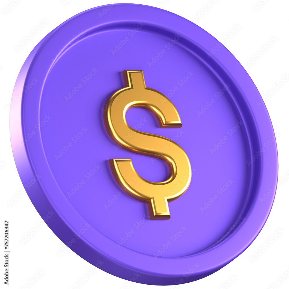 3d icon of a purple coin with a gold dollar sign in the center 3d icon of a purple coin with a gold dollar sign in the center