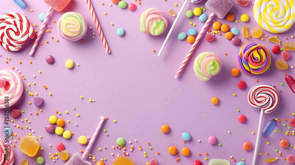 Top View of Colorful Lollipops and Jelly Candies on a Purple Background With Circular Border Layout and Central Copy Space