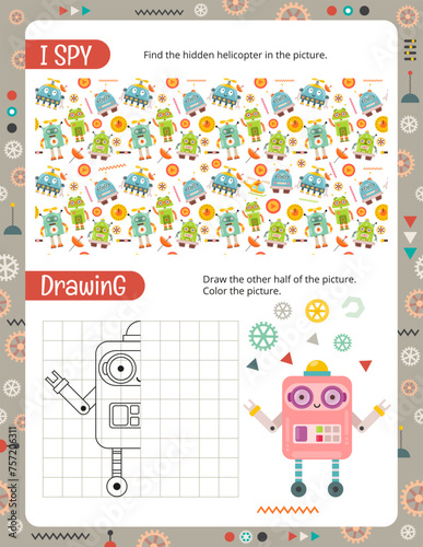 Activity Page with Robots. Printable Activity worksheet with Robot Activities – I spy, Drawing. Vector illustration. © Nursery Art