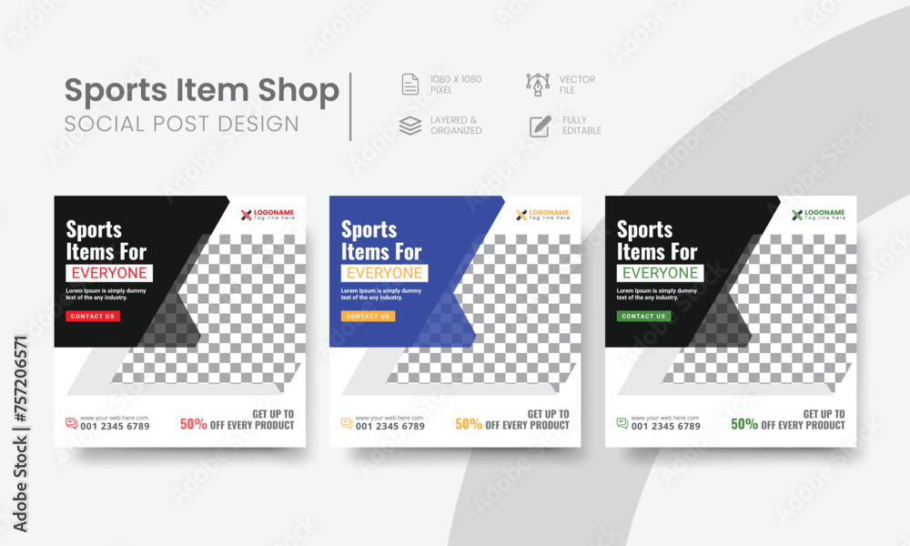 Sports item shop social media post template for web banner & internet ads. Results-driven sports items store social media post suitable layout design. Vol - 8