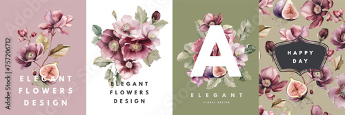 Watercolor cards design templates with flowers and figs fruits