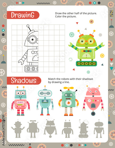 Cute Robot Activity Page for Kids. Printable worksheet with Robots Activities – drawing half, matching shadows. Vector illustration.