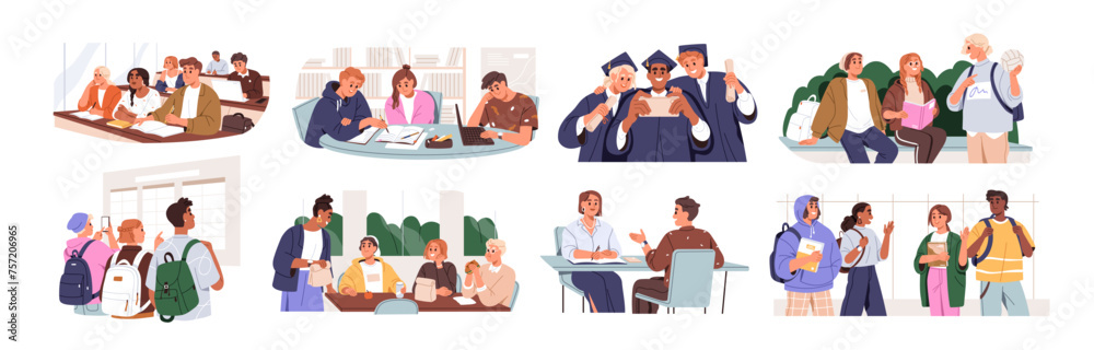University students life set. Learners study, education, communication. People learning in library, classroom, lecture class, at exam. Flat graphic vector illustrations isolated on white background