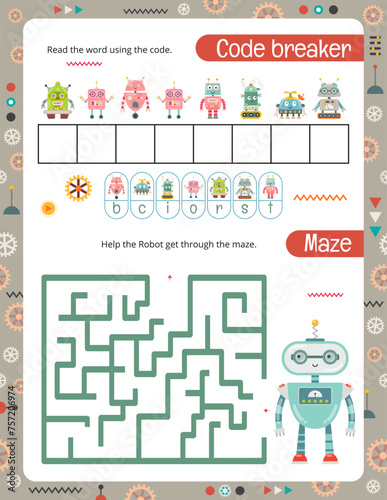 Activity Pages for Kids. Printable Activity Sheet with Robots Activities – Maze, Code breaker. Vector illustration. © Nursery Art