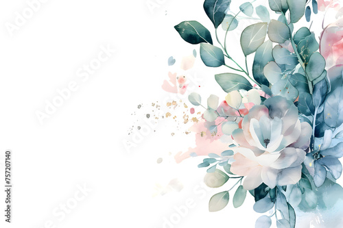 Fototapeta Naklejka Na Ścianę i Meble -  Gentle pink and white watercolor flowers with green eucalyptus leaves isolated on transparent background