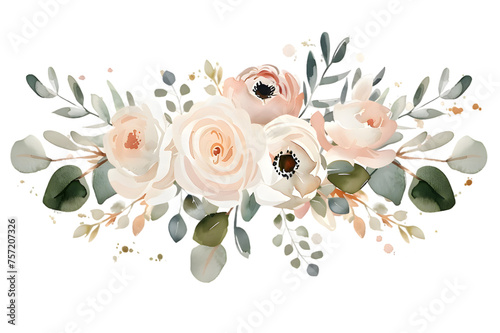 Gentle pink and white watercolor flowers with green eucalyptus leaves isolated on transparent background