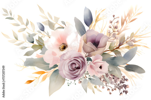 Gentle pink and white watercolor flowers with green eucalyptus leaves isolated on transparent background