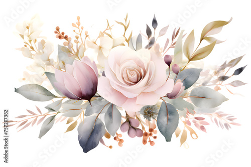 Gentle pink and white watercolor flowers with green eucalyptus leaves isolated on transparent background