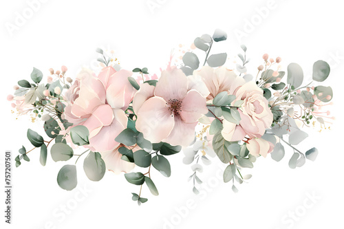 Gentle pink and white watercolor flowers with green eucalyptus leaves isolated on transparent background