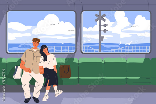 Love couple in overground metro, suburban train. Romantic man, napping woman passengers sitting in public transport, sea landscape view outside window. Railway travel, trip. Flat vector illustration