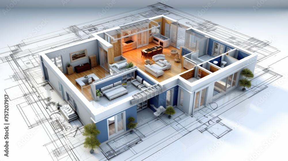 Naklejka premium 3d blueprint of a house with isolated background